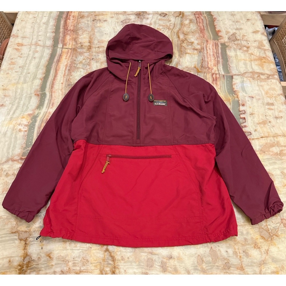 L.L.Bean Mens Anorak Pullover Jacket Large Red Burgundy Colorblock Hooded